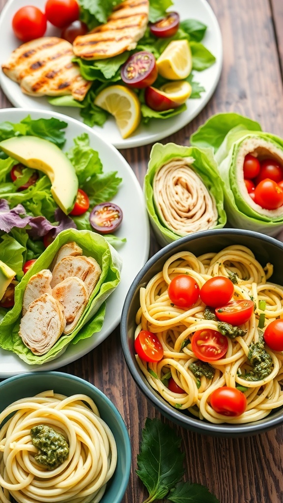 A selection of low carb lunches including grilled chicken salad, turkey lettuce wraps, and zucchini noodles with pesto.
